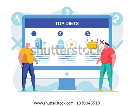Dietary Nutrition Website Flat Vector Illustration. Overweight People Reading Best Diets Description Online Cartoon Characters. Healthy Nutrition Webpage Users. Internet Materials for Losing Weight