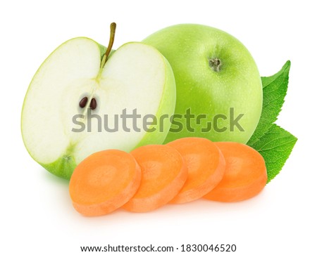 Composition with fruits and vegetables: carrot, apple, on white background. Clip art image for package design.