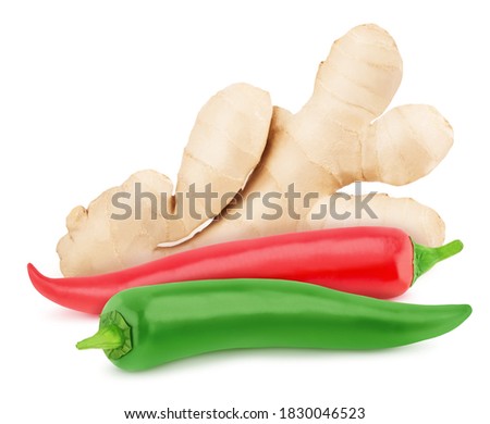 Vegetable composition: red and green hot chili pepper and ginger. On white background.. Clip art image for package design.