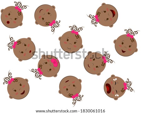 Abstract vector texture with many round heads of swarthy curly girl. Baby faces with different moods and emotions. Seamless pattern