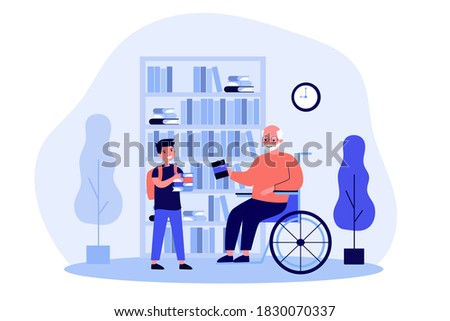 Grandpa in wheelchair and boy holding books. Library, bookshelf, home flat vector illustration. Education and study concept for banner, website design or landing web page