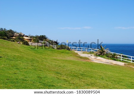 Sydney Bondi to Coogee walk views with the bright green grass and the ocean 