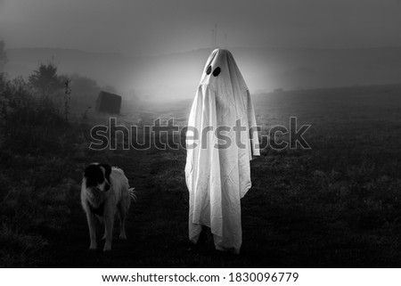 halloween ghost with dog in foggy landscape