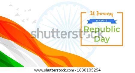 Vector illustration of Happy Republic day, 26 january, national holiday of India, abstract wavy Indian flag, ashoka chakra, flying birds, banner template for website.