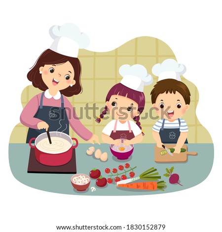 Vector illustration cartoon of mother and children cooking at kitchen counter. Kids doing housework chores at home concept.