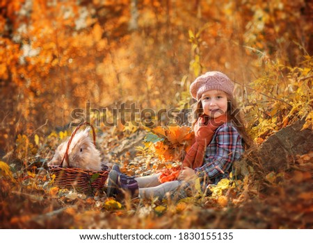 portrait of little girl with rabbit in the autumn forest