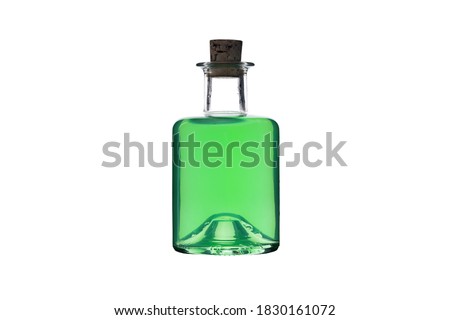 Corked bottle of mysterious liquid. Vintage glass bottle containing green liquid isolated on white background. Magic spell and potion, apothecary elixir or deadly poison conceptual idea.
 Royalty-Free Stock Photo #1830161072