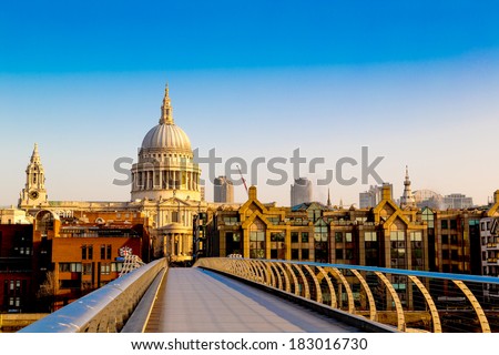 St Paul's Cathedral from the Millennium Bridge at Dawn, London, England, UK