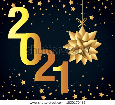 2021 Happy new year with gold gift bow hanging and stars design, Welcome celebrate and greeting theme Vector illustration