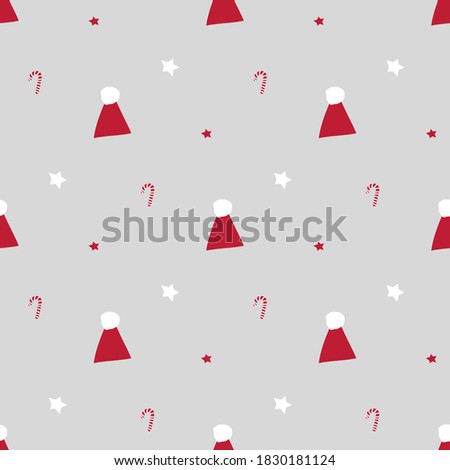 Seamless vector pattern with funny xmas stuff including Santa hat, christmas sweets and stars in red and white color theme. Suitable for wrapping paper, party invitations, greeting cards, banners, etc Royalty-Free Stock Photo #1830181124