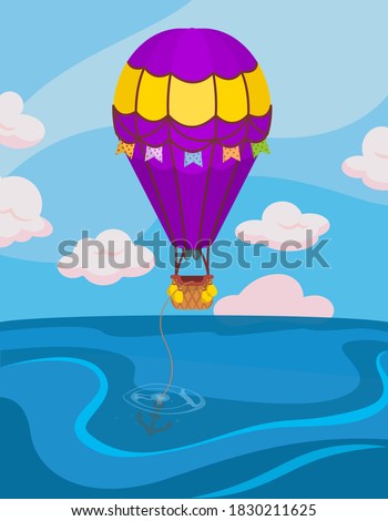 Balloon is at anchor. Postcard in cartoon style.
