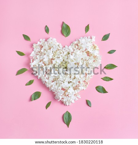 flower arrangement in the form of a heart of flowers on a pink background. flat lay, square frame.