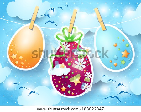 Easter eggs on sky background, vector