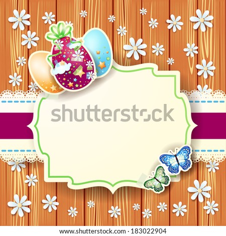 Easter card with eggs and label, on wooden background. Vector 
