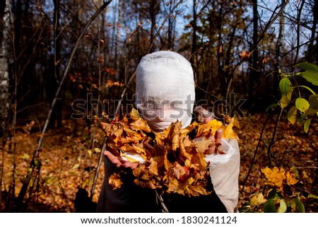 Portrait of a woman in a mummy halloween costume with autumn leaves. She is ready for Halloween in the autumn forest. woman in bandages - halloween or plastic surgery victim concept Royalty-Free Stock Photo #1830241124