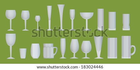 Glasses, wine glasses, cups and mugs on a green background