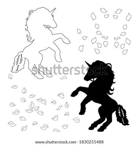 Drawing unicorn horse and tree leaves for decoration or coloring, creative pattern for cover design