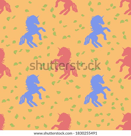 Unicorn horse concept seamless pattern in color on green leaves background, creative swirl dance pattern for fabric or cover design