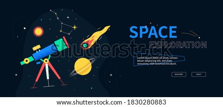 Space exploration - colorful flat design style web banner on black background with place for text. An illustration with telescope, comet, constellation, sun, Saturn planet. Galaxy, astronomy idea