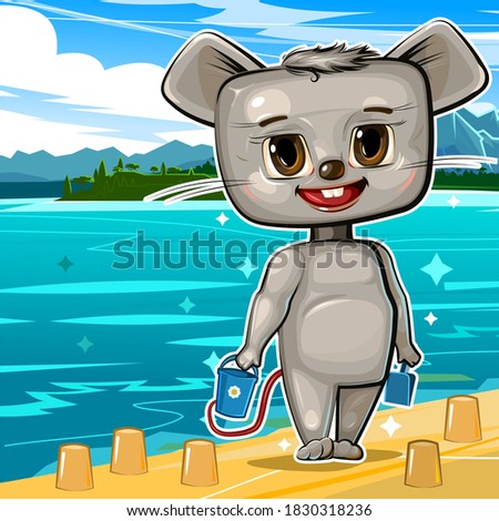 Little mouse on the beach by the sea. Builds sand figures. The child of the animal is resting and playing. Beautiful seascape. Children's illustration. Cheerful cartoon style.