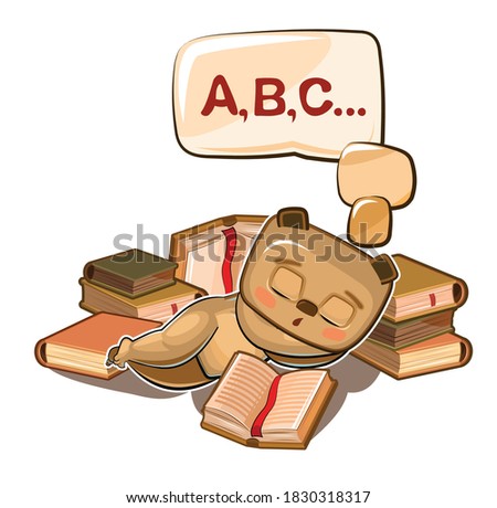 Baby Bear sleeps on books. Dreaming of a dream with letters. ABC. Children's illustration. Nice. The baby animal fell asleep. Cartoon style picture. Isolated on white background. 