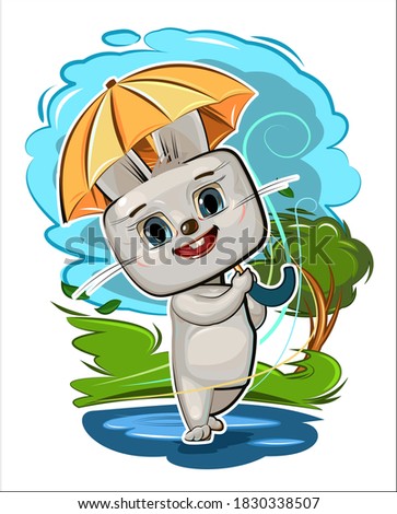 A funny cute hare with an umbrella walks through the puddles. Wind, clouds, bad weather. But good mood. Kid is an animal. Illustration for children. Cartoon style. Isolated