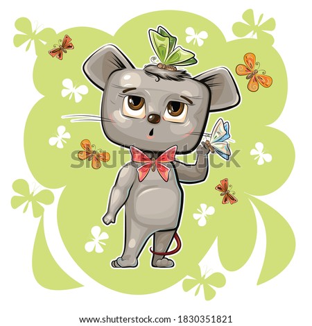 A naive mouse plays with butterflies. Children's illustration. A cheerful, kind picture in a cartoon style. Funny baby animal. Isolated on white background. 