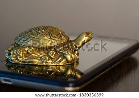 Metal turtle on a mobile phone.