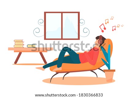 Vector people sleeping on the sofa at home in holiday. person on the chair. Illustration man was listening to music happily in a quiet place. Lifestyle relaxation healthy. People relax at home holiday
