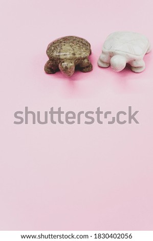 A vertical shot of brown and white turtle stone figurines isolated on a pink background