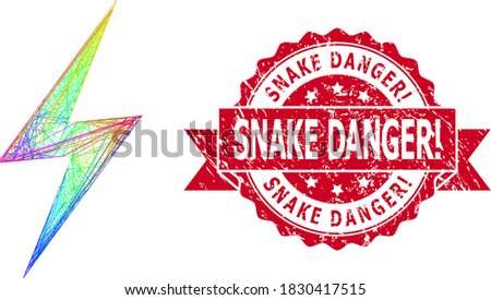 Bright vibrant network electric strike, and Snake Danger! rubber ribbon seal. Red stamp seal has Snake Danger! text inside ribbon.Geometric wire carcass flat network based on electric strike icon,