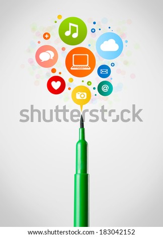 Coloured felt pen close-up with social network icons