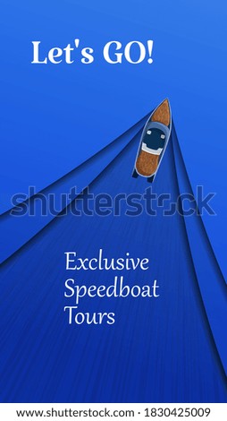 Flyer for speedboat tours on a blue background. Vertical banner with a motorboat floating on the water with waves. Paper cut. Vector EPS10.