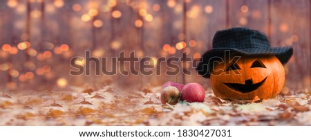 Jack o lantern with rape apples.Halloween wooden bokeh background with funny orange pumpkin in magic hat on the ground covered with autumn colorful leaves.Happy Halloween celebration banner.Copy space