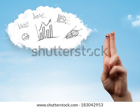 Happy cheerful smiley fingers looking at cloud with hand drawn charts