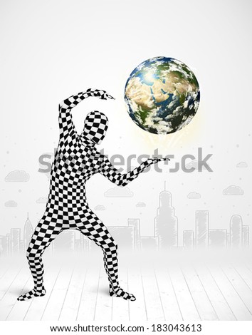 Funny man in full body suit holding planet earth, Elements of this image furnished by NASA