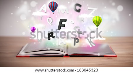 Open book with flying 3d letters on concrete background. Colorful education concept