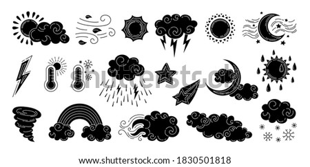 Weather black glyph set. Doodle hand drawn sun and clouds, rain or snow, lightning, moon and star. Symbols of forecast weather. Vector outline collection. Meteorological infographics linear signs