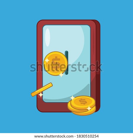 Isometric vector image with blue background, cashback for buyer,. Smartphone with coins pulled outside from screen illustration. 
