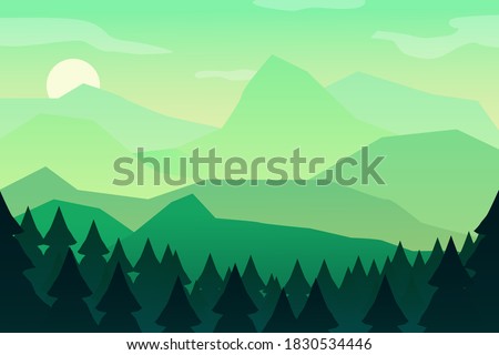 Mountain landscape green wallpaper with mountain. Morning landscape, sunrise in the mountains, panoramic view with hill and forest. Vector illustration