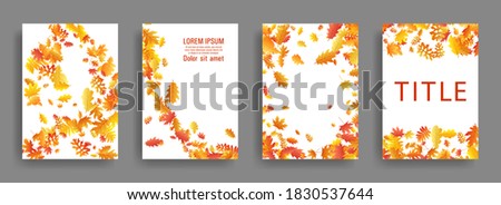 Autumn leaves falling stylish card backgrounds or covers vector set. Yellow orange red dry autumn leaves organic backdrops. Falling dry foliage brochure covers, card backgrounds graphic design.