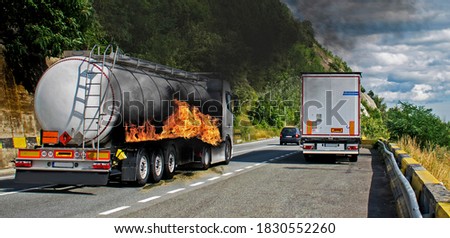 Fuel truck in flames. The fuel tank caught fire Royalty-Free Stock Photo #1830552260