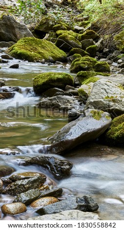 Smokey water of the mountain creek with moss stones in the river stream. Close-up view.