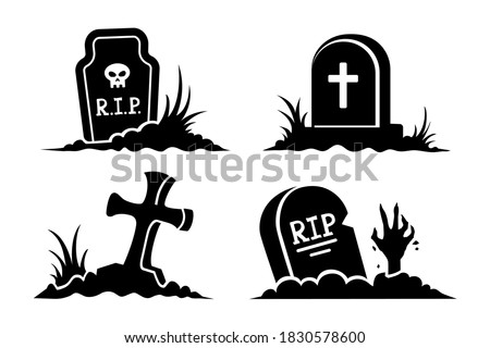Grave. Graveyard elements icons. Halloween stickers. Black silhouettes and icons of graves in vector set. Gravestones of different shapes and cross isolated on white background. Royalty-Free Stock Photo #1830578600