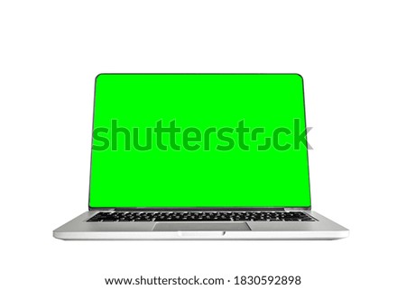 Collection of Laptop with blank green screen isolated on white background, mockup computer.