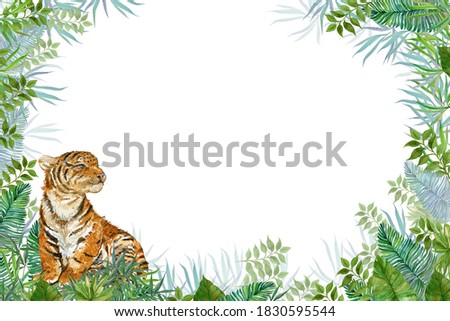 tiger cub in tropical summer leaves . Hand painting on isolated white background