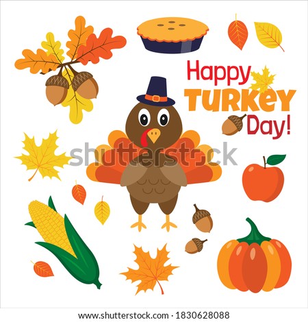 Happy thanksgiving day set with isolated design elements on white background. Traditional Turkey day vector illustration.