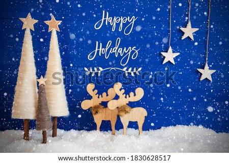 Christmas Tree, Moose, Snow, Star, Text Happy Holidays, Snowflakes