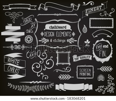 Chalkboard Design Elements and Etchings - Blackboard clip art including frames, ribbons, banners, dividers, branches, brackets and typography