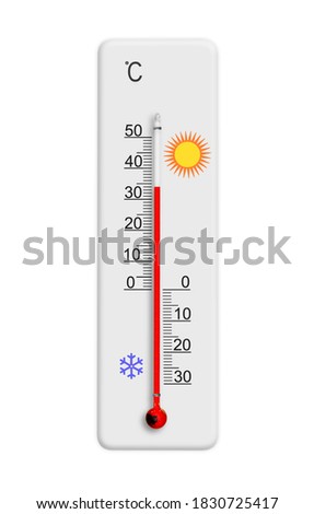 Celsius scale thermometer for measuring weather temperature. Thermometer isolated on white background. Ambient temperature plus 34 degrees Royalty-Free Stock Photo #1830725417